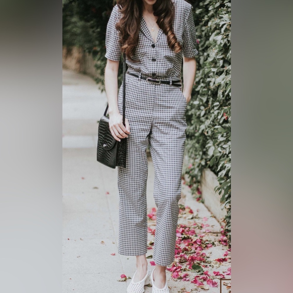 Mod Ref Gingham Jumpsuit Black White Checkered Wide Leg Short Sleeve Medium